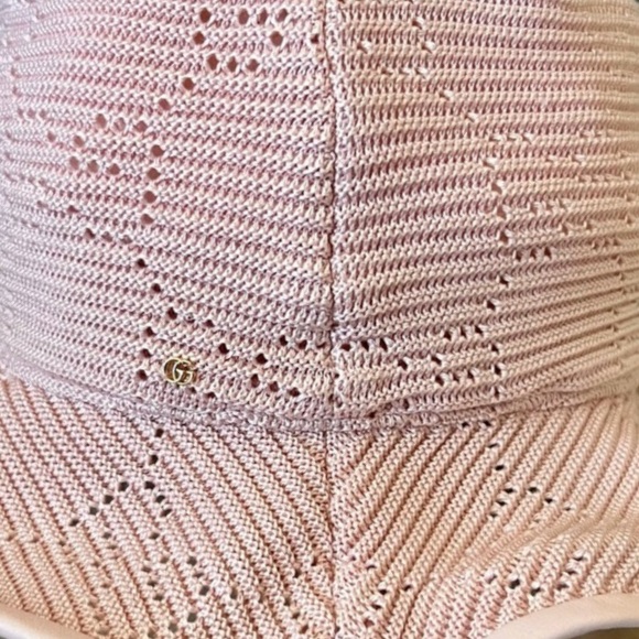 NWT~GUCCI~‘Malibu’ Leather-trimmed Crocheted Pink Bucket Hat - Large 58cm - Picture 8 of 14